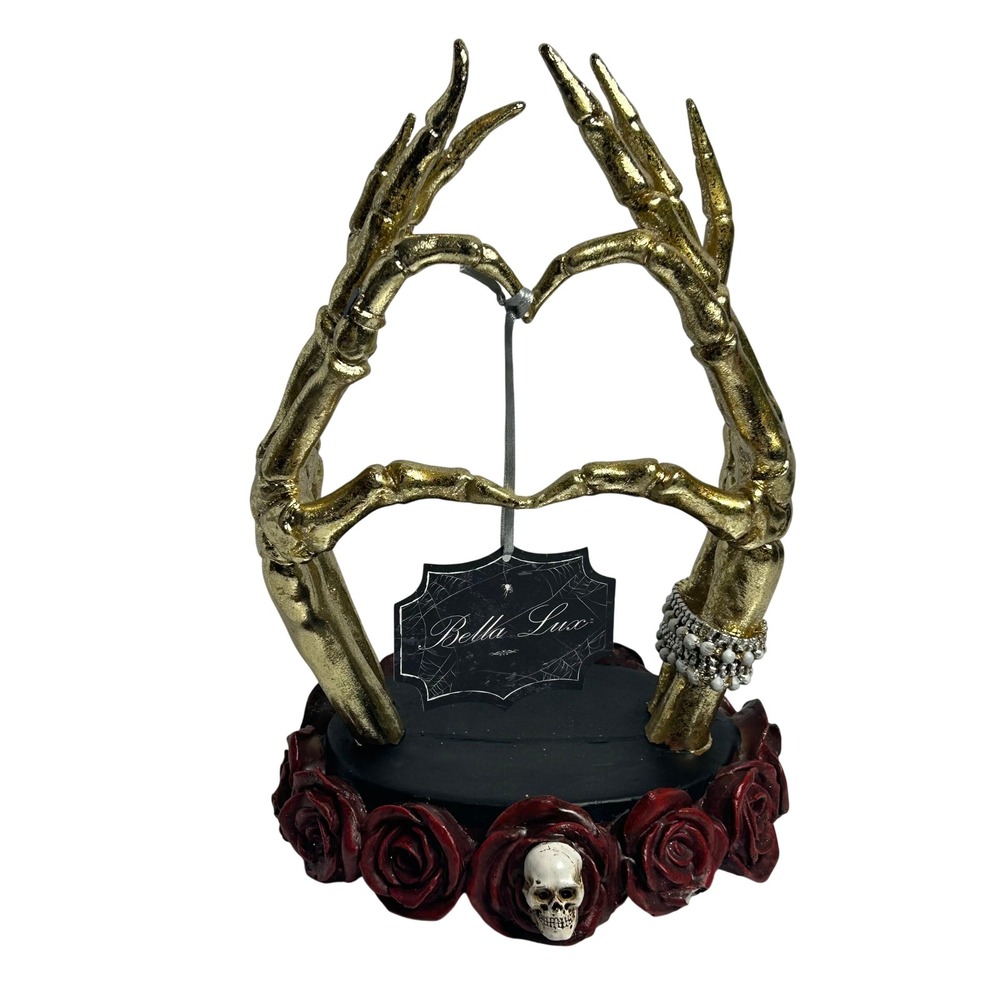 Bella Lux Gold Skeleton Heart Hands Figurine Rose Skull Base Gothic Decor
